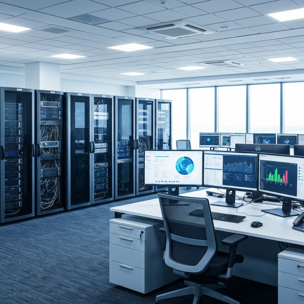 Modern IT office environment with network infrastructure and workstations